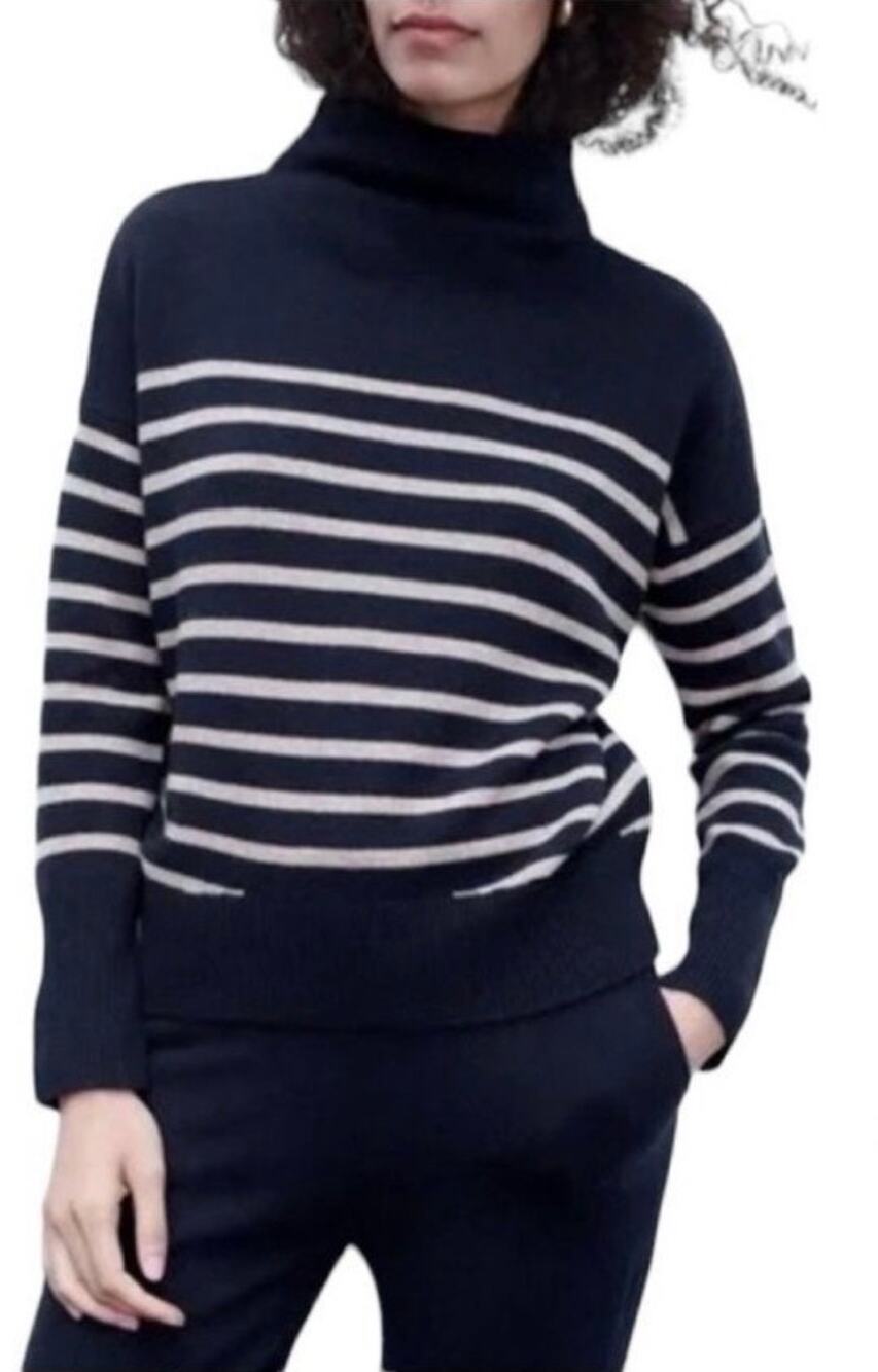 THE RESET 'R LABEL' Women's Wool Cashmere Blend Striped Mock Neck Sweater Navy